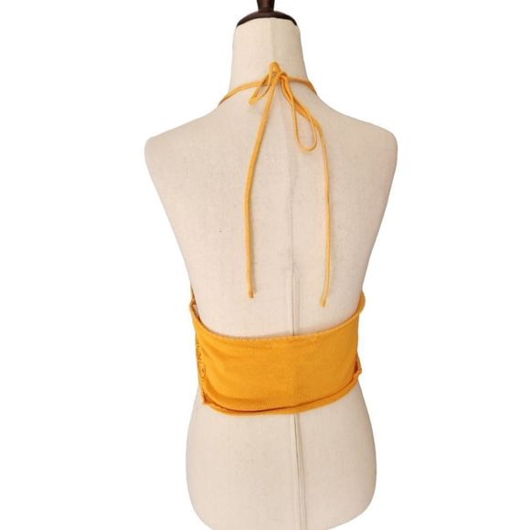 Glamorous Mustard Yellow Knot crochet Festival Halter Crop Top Medium - Picture 4 of 8